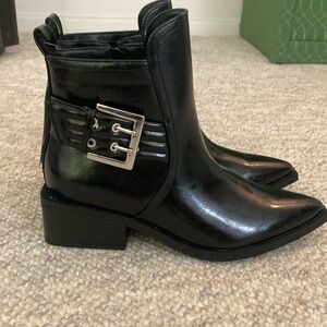 Wild Fable Glossy Black Moto Boots with Metallic Buckle